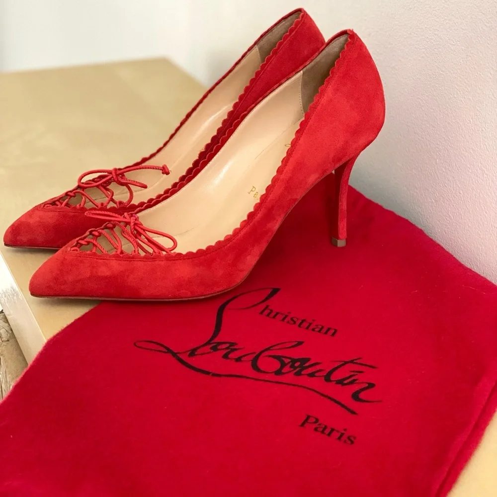 Christian Louboutin Cherry Red Scalopump 85MM Fraise Suede Heels 37.5 - Picture 3 of 12